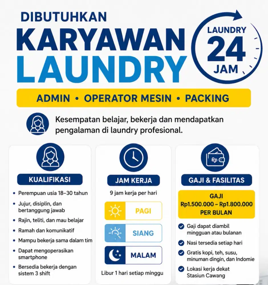 Loker laundry bagian admin dan operator mesin