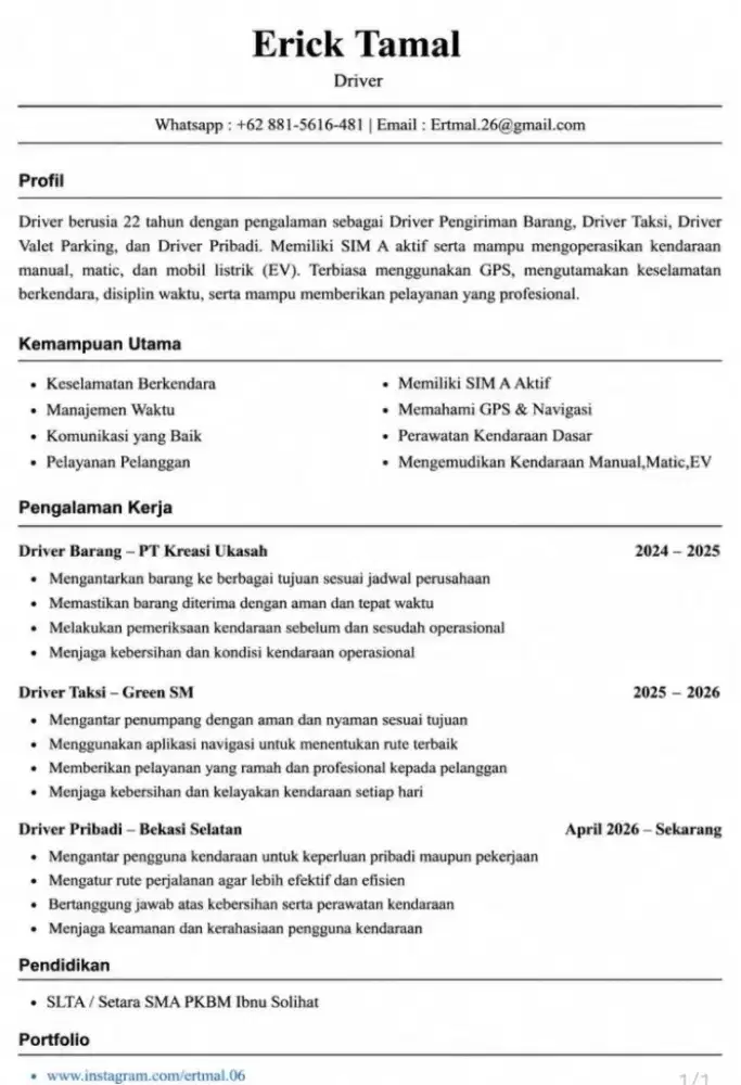 Mencari Pekerjaan Sebagai Supir Pribadi / Kantor (SIM A Aktif)