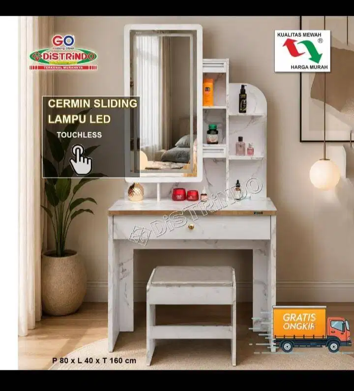 DISTRINDO Meja Rias Cermin Sliding LED Touchless + Kursi Minimalis Est