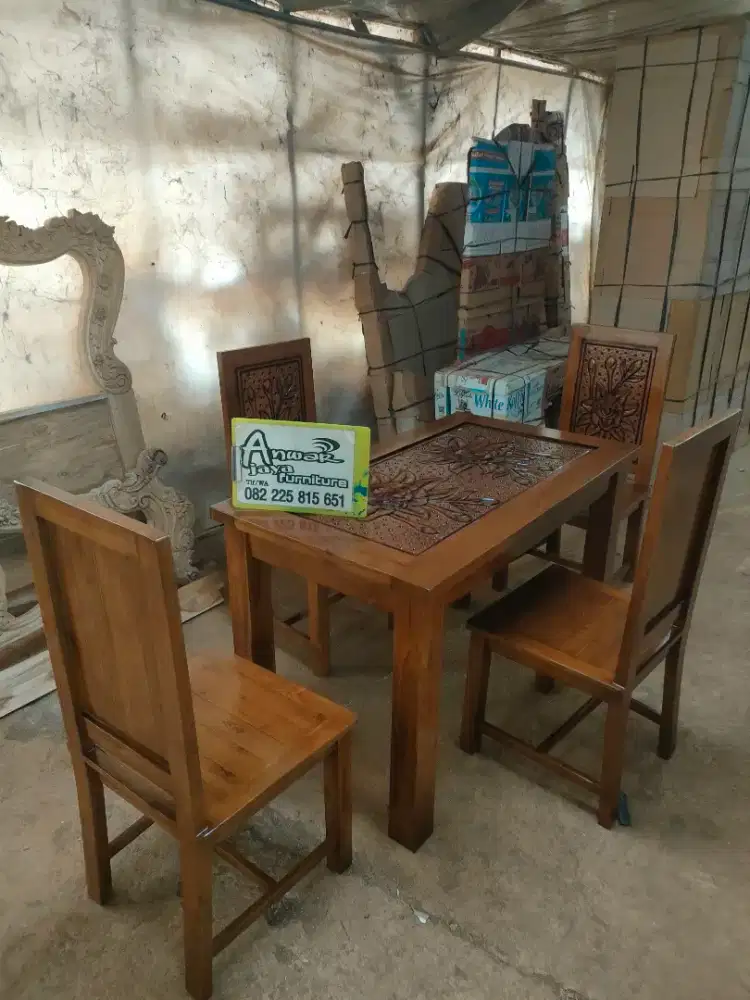 Meja makan minimalis set kaca full kayu jati
