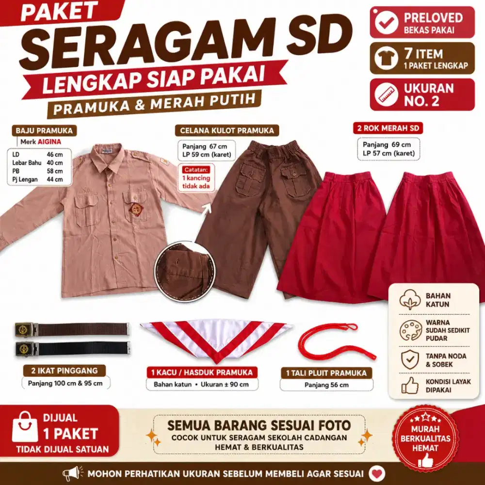 PAKET SERAGAM SD PRAMUKA,KACU,TALIPLUIT,IKATPINGGANG&ROKMERAH PRELOVED