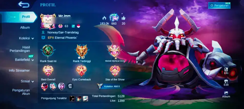 JOKI MLBB MYTHIC BINTANG 57 AKUN SULTAN  5128 MATCH 3RB/STAR FAST