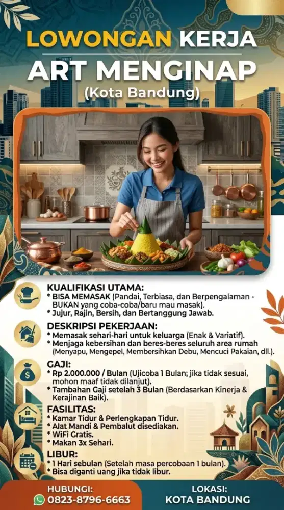 Dicari Art Masak dan Beres-beres Menginap