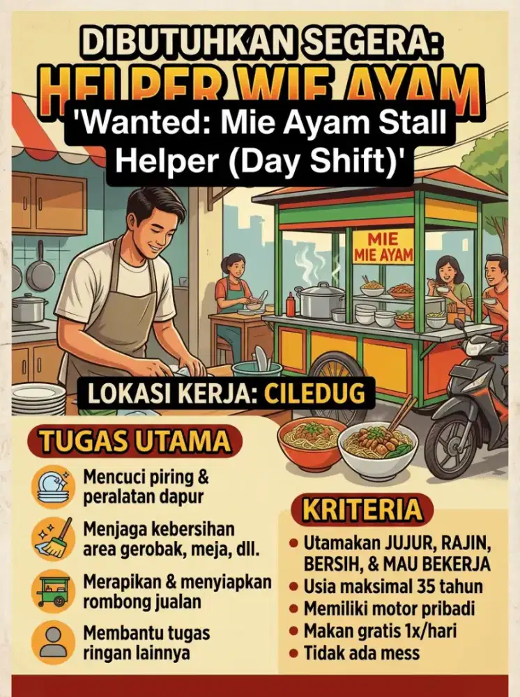 Dicari Helper Warung Mie Ayam