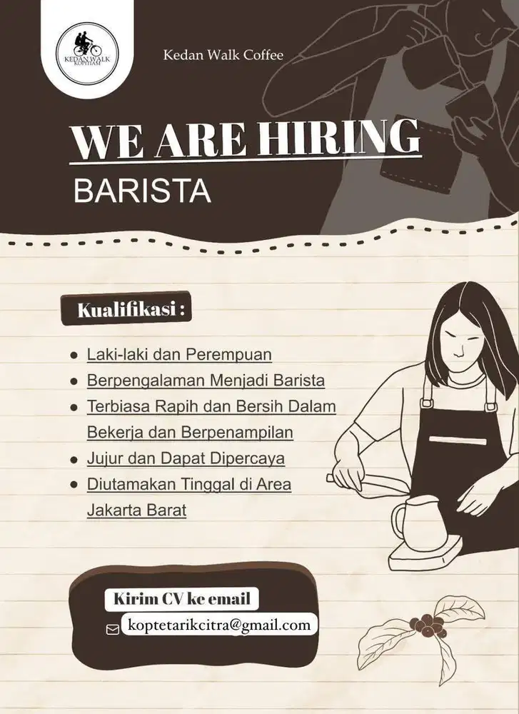 INFO LOKER BARISTA DAERAH KALIDERES JAKARTA BARAT