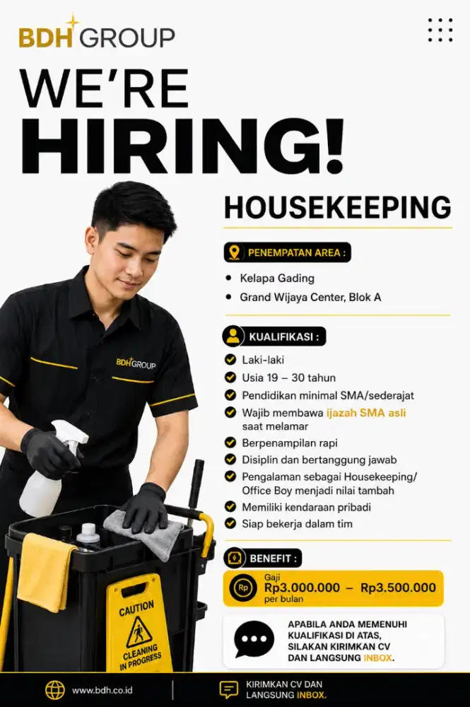 Loker ( Lowongan Kerja ) OB Housekeeping Area Jakarta