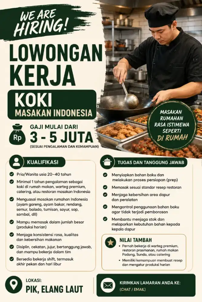 Lowongan Kerja Koki Masakan Rumahan Bepengalaman – PIK Elang Laut