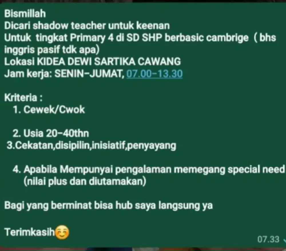 GURU PENDAMPING / SHADOW TEACHER ANAK SPECIAL - SD SWASTA