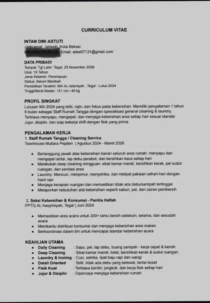 Saya lagi cari kerja di bidang Housekeeping atau semacamnya