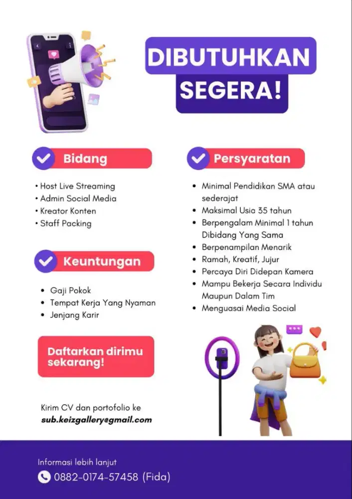 DIBUTUHKAN SEGERA HOST LIVE dan ADMIN SOCIAL MEDIA