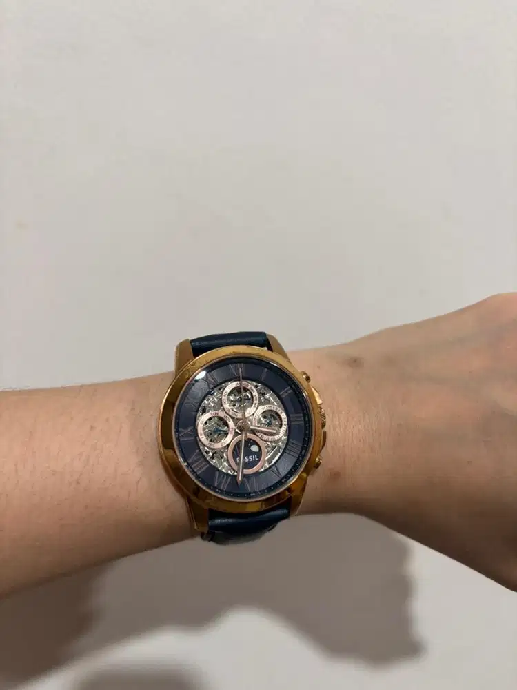 Fossil ME3029 Grant Skeleton Dial Navy Blue Leather Strap Watch