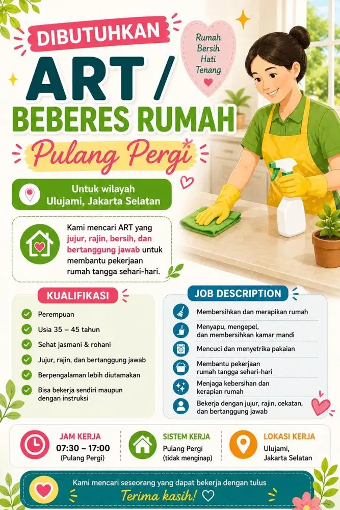 Dicari ART pulang-pergi yang jujur, rajin, bersih, dan bisa dipercaya.