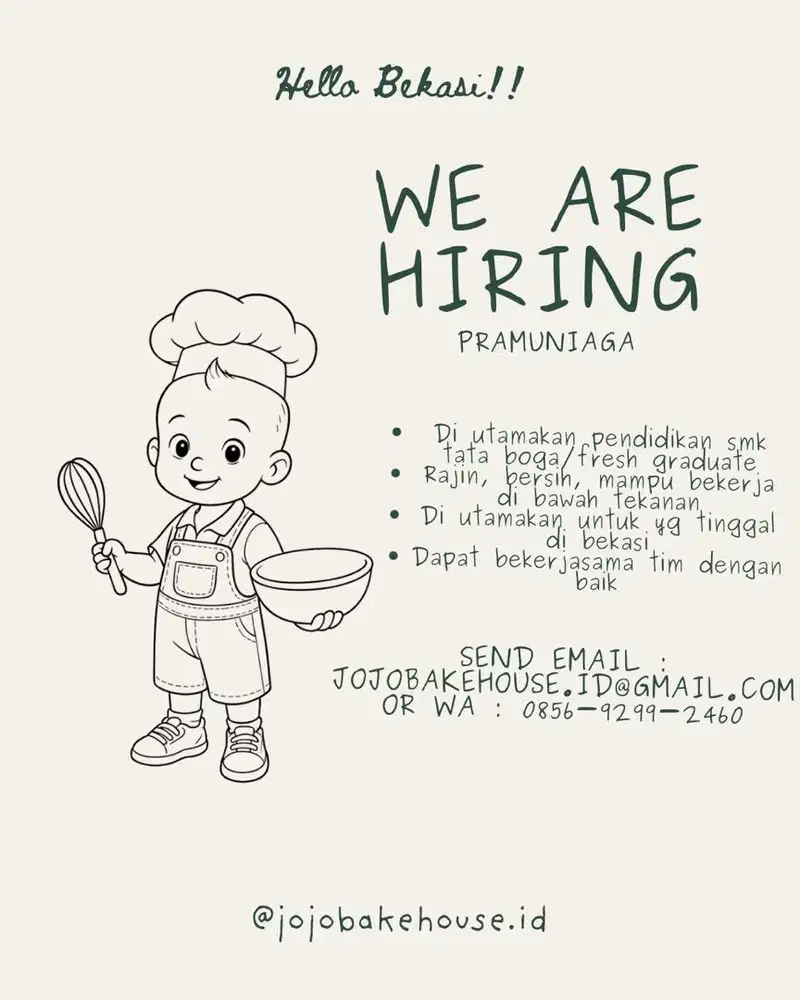 Lowongan Pramuniaga Jojo Bakehouse