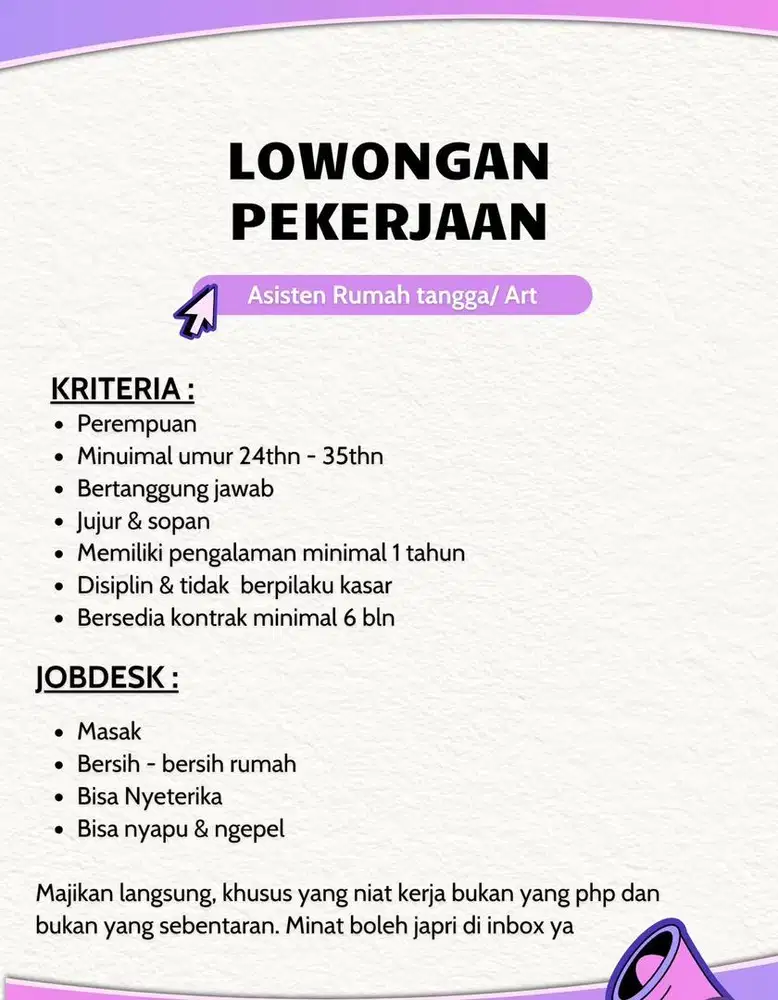 Di cari art / asisten rumah tangga