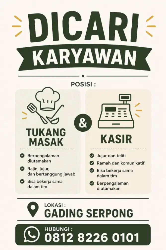 Cari tukang masak & kasir utk cafe di gading serpong