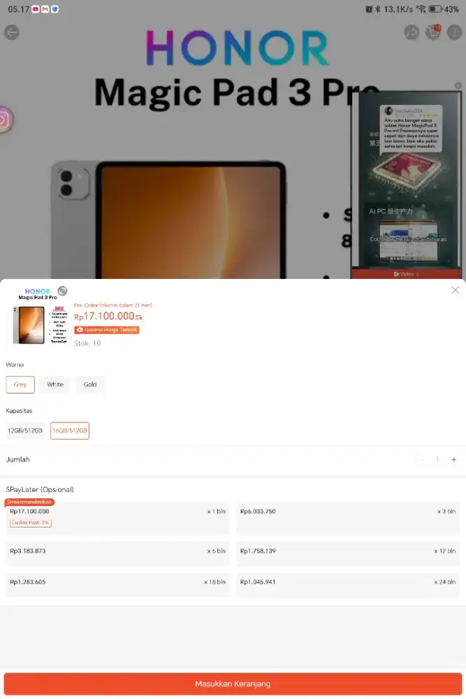Honor Magic Pad 3 Pro 16/512 GB 8 Elite Gen 5 bukan ipad apple samsung