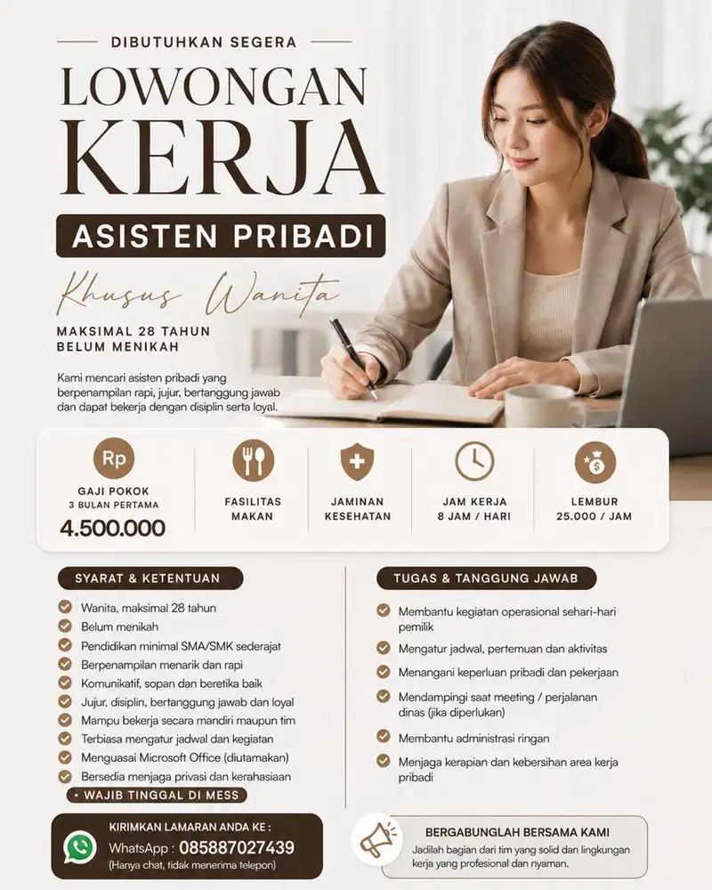 Loker Asisten Pribadi/Admin Khusus Wanita