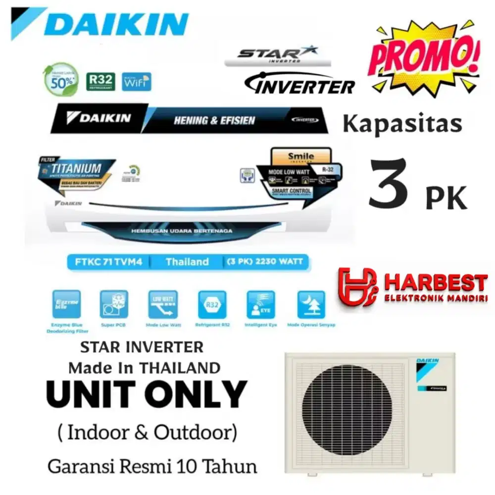 (UNIT ONLY) DAIKIN AC Kapasitas 3 PK STAR INVERTER THAILAND STKC71TV