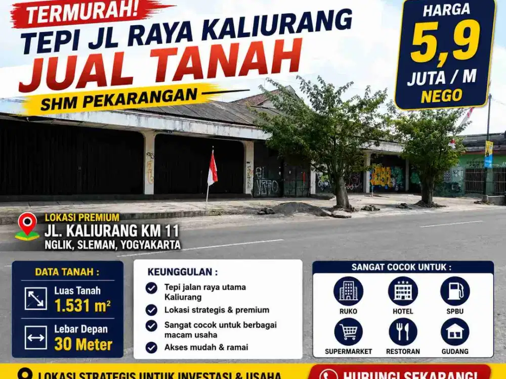 Dijual Tanah SHM Pekarangan Tepi Jalan Kaliurang Km 11 Ngaglik Sleman 1.531 m²