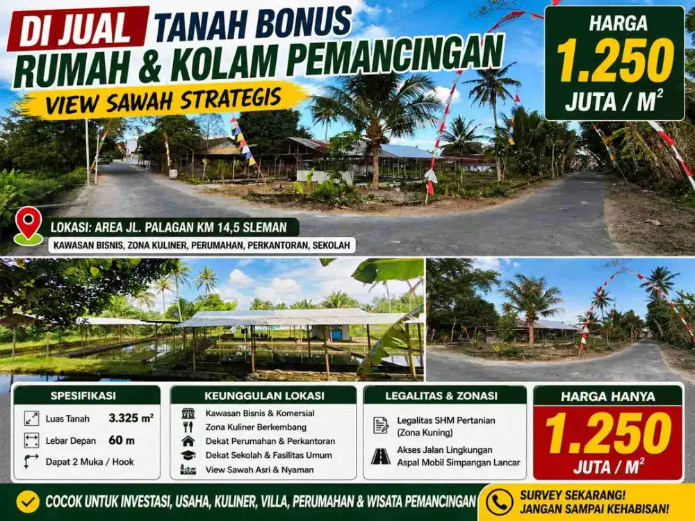 Dijual Tanah Bonus Rumah & Kolam Pemancingan Jalan Palagan Km 14,5 Sleman