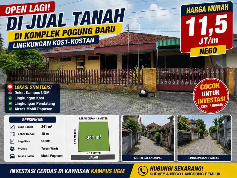 Dijual Tanah SHM 341 m² Pogung Baru Dekat UGM Cocok Kost dan Investasi