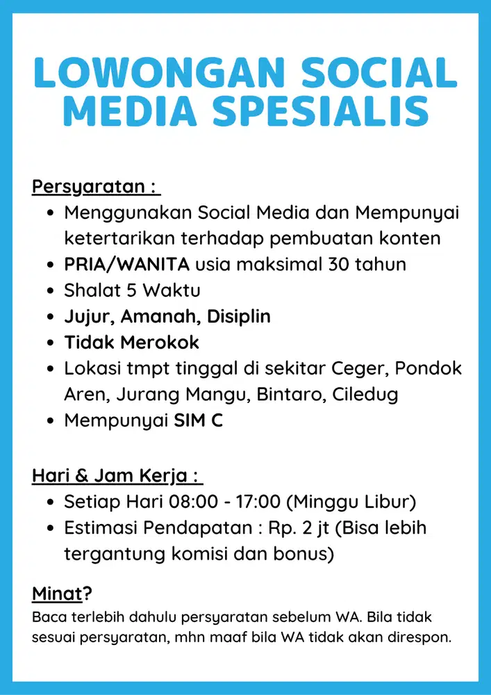 Lowongan Social Media Spesialis / Content Creator