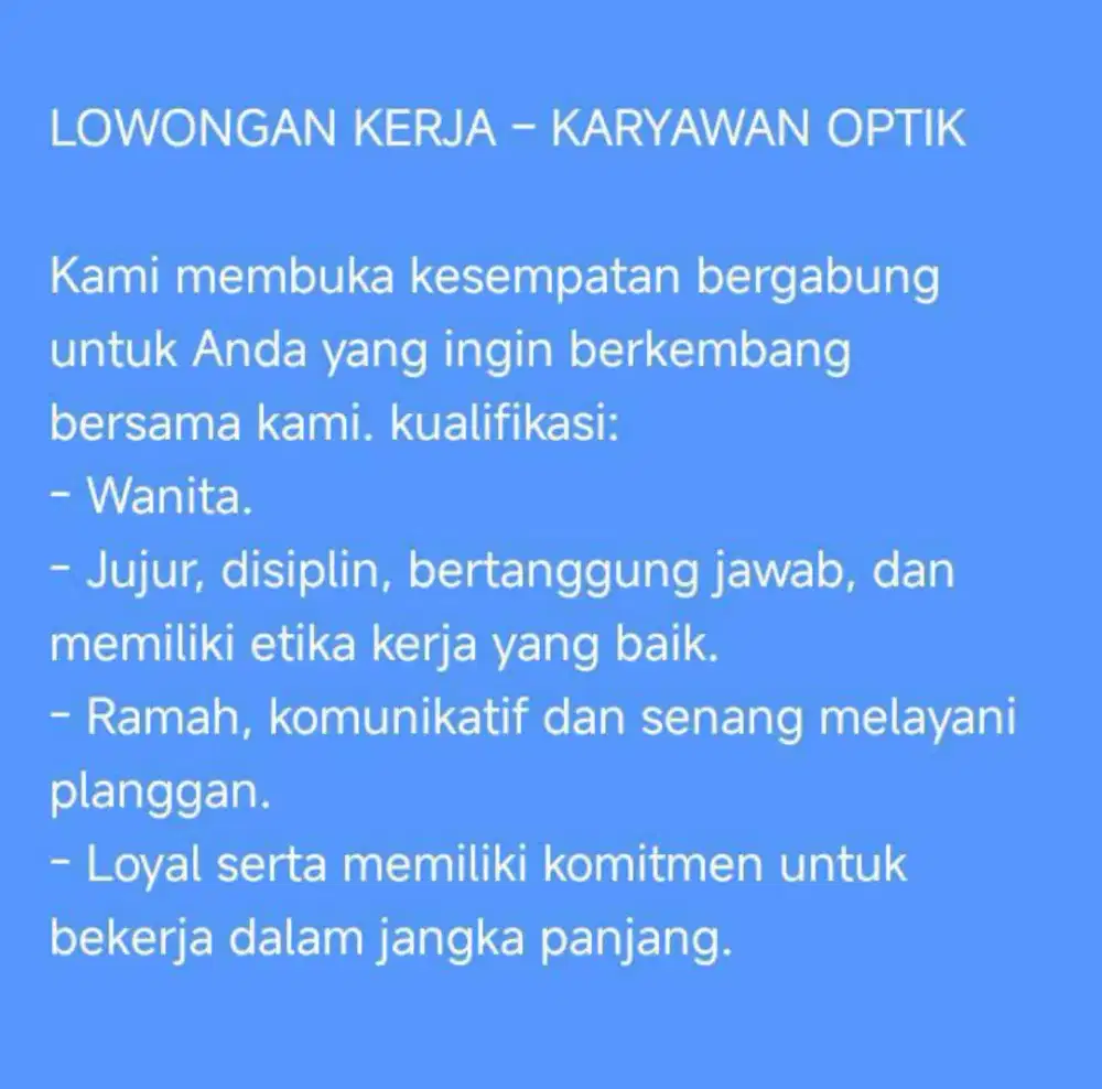 Lowongan karyawati Optik