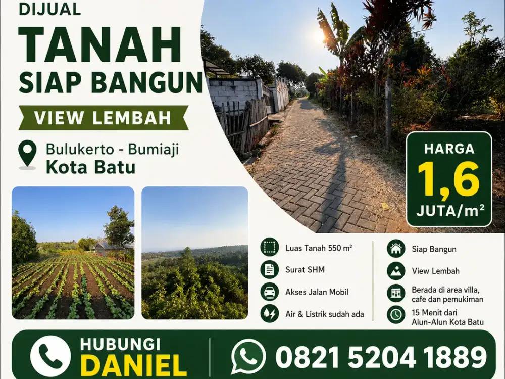Dijual Tanah Siap Bangun 550 m² di Bulukerto Kota Batu, View Lembah, Cocok Villa & Investasi