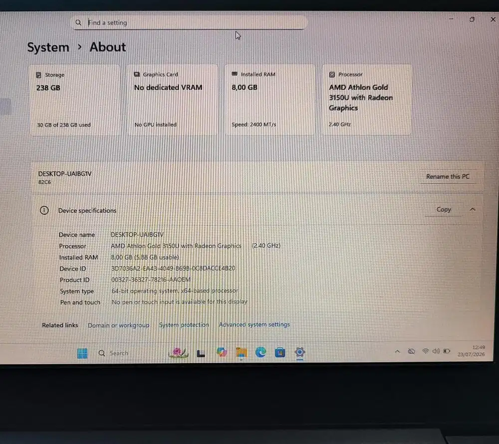 Laptop Lenovo V14 G2 ALC AMD Athlon Gold 3150U RAM 8GB SSD 256 win 11