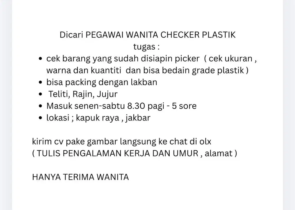 Butuh CHECKER Packingan plastik online WANITA