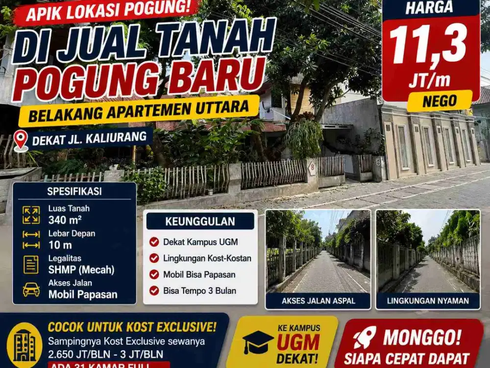 Dijual Tanah 340 m² Pogung Baru Belakang Apartemen Uttara Dekat UGM Cocok Kost Eksklusif