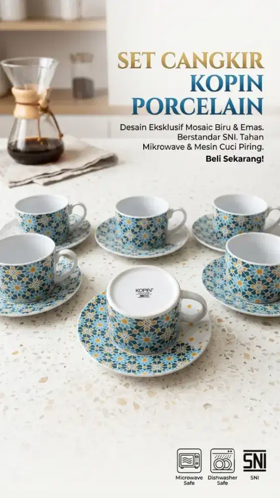 Cangkir Set Kopin Porcelain Cangkir Teh & Kopi Geometric Blue Gold