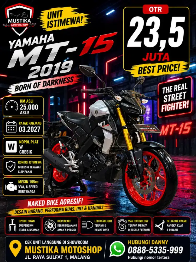 Yamaha MT15 2019 Silver. Km 25rb. DANNY Mustika Sulfat Malang