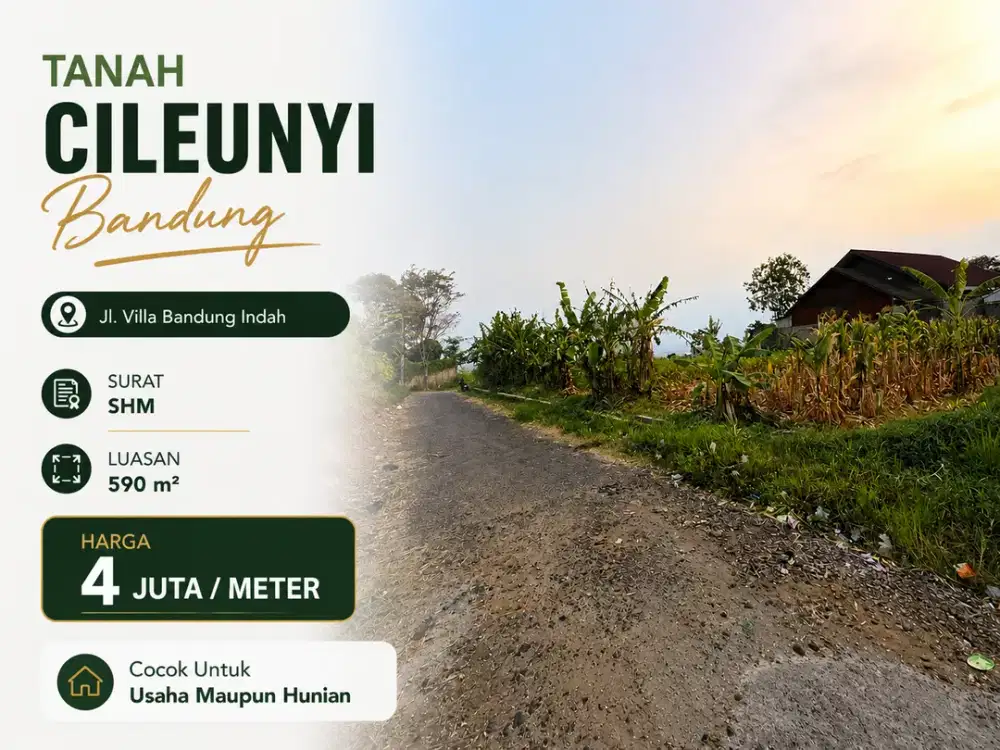 Tanah SHM Cileunyi Bandung 590 m² Pinggir Jalan Mobil Harga 4 Juta/m²
