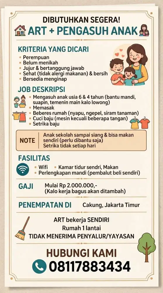 DICARI ART + PENGASUH MENGINAP