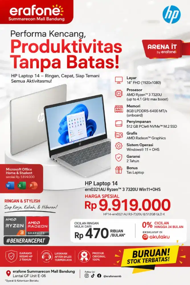 HP Laptop 14 Ryzen 3 7320U – Performa Cepat, Kerja Makin Produktif!