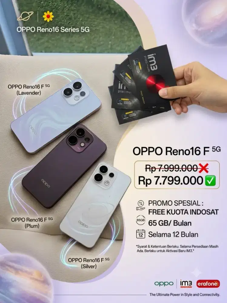Oppo Reno 16F 5G Free indosat Platinum 65GB perbulan selama 1 tahun