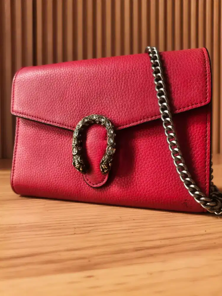 GUCCI calfskin MiniDionysus Chain Wallet Hibiscus Red