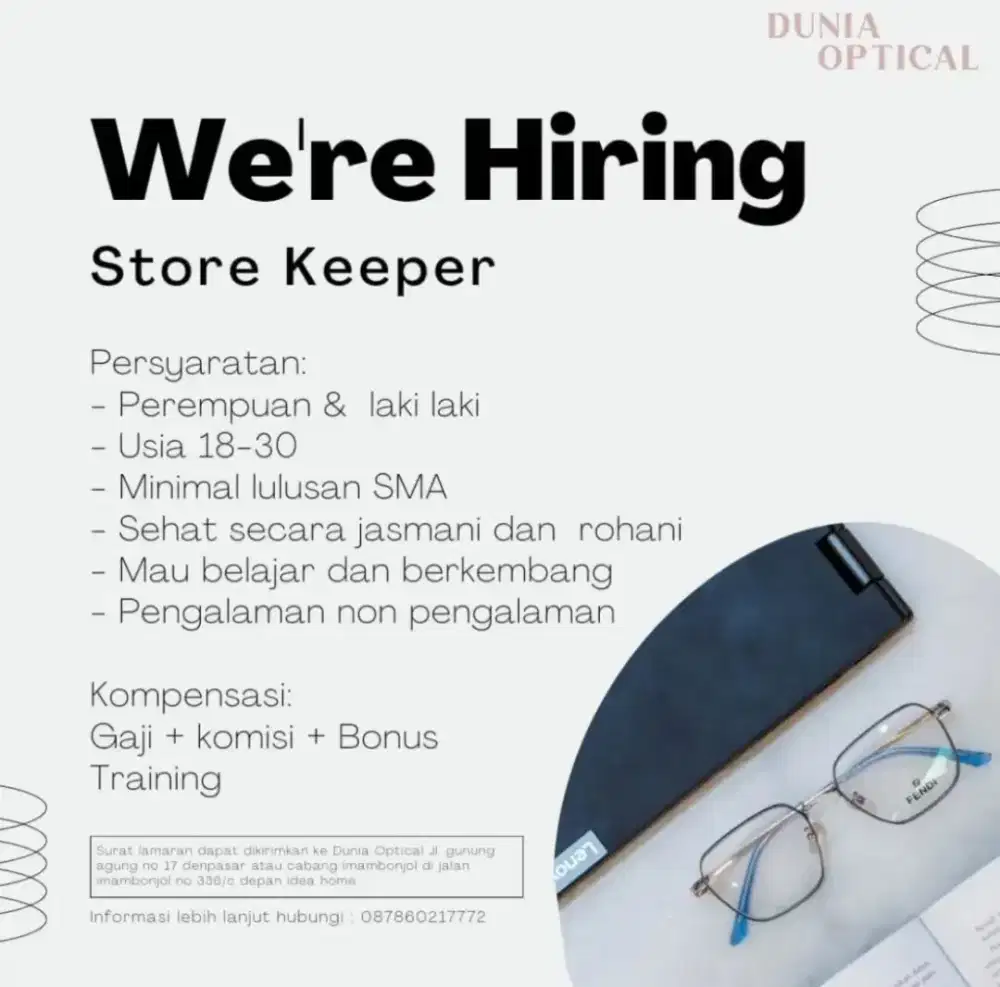 DIBUTUHKAN KARYAWAN SEGERA UNTUK OPTIK DENPASAR!!!