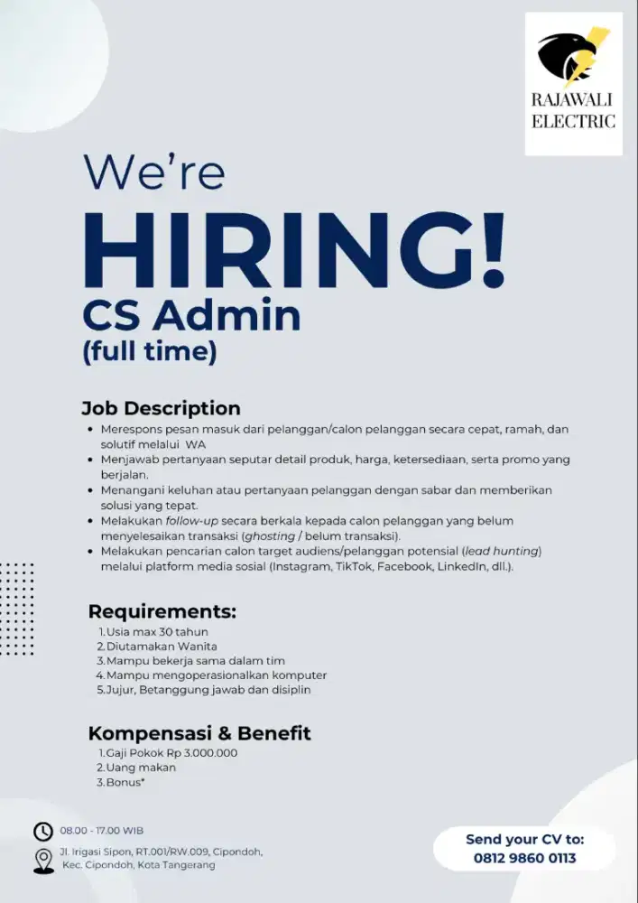 DICARI ADMIN PEREMPUAN UNTUK CUSTOMER SERVIS