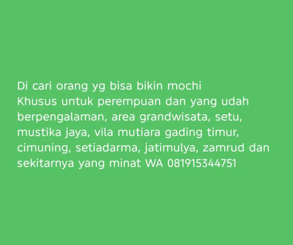 Lowongan kerja untuk perempuan dan yang sudah berpengalaman bikin moci