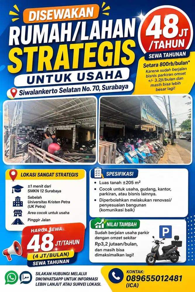 Disewakan Rumah/Lahan Usaha Strategis Siwalankerto Surabaya – Luas 205