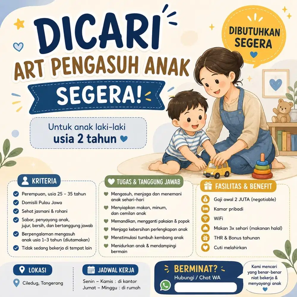 Segera Dicari Pengasuh Anak usia 2th Laki-laki