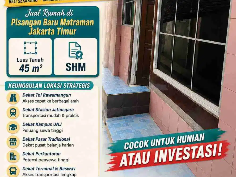 Jual Rumah di Pisangan Baru Matraman Jakarta Timur - Dekat Rawamangun, SHM, Strategis, Murah, Nego