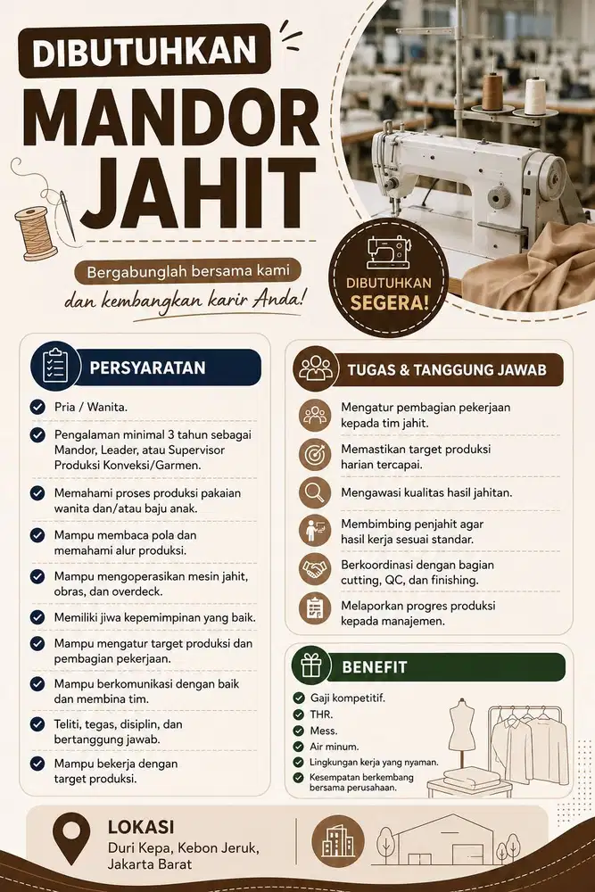 MANDOR JAHIT / KEPALA PRODUKSI / SUPERVISOR LEADER KONVEKSI GARMEN