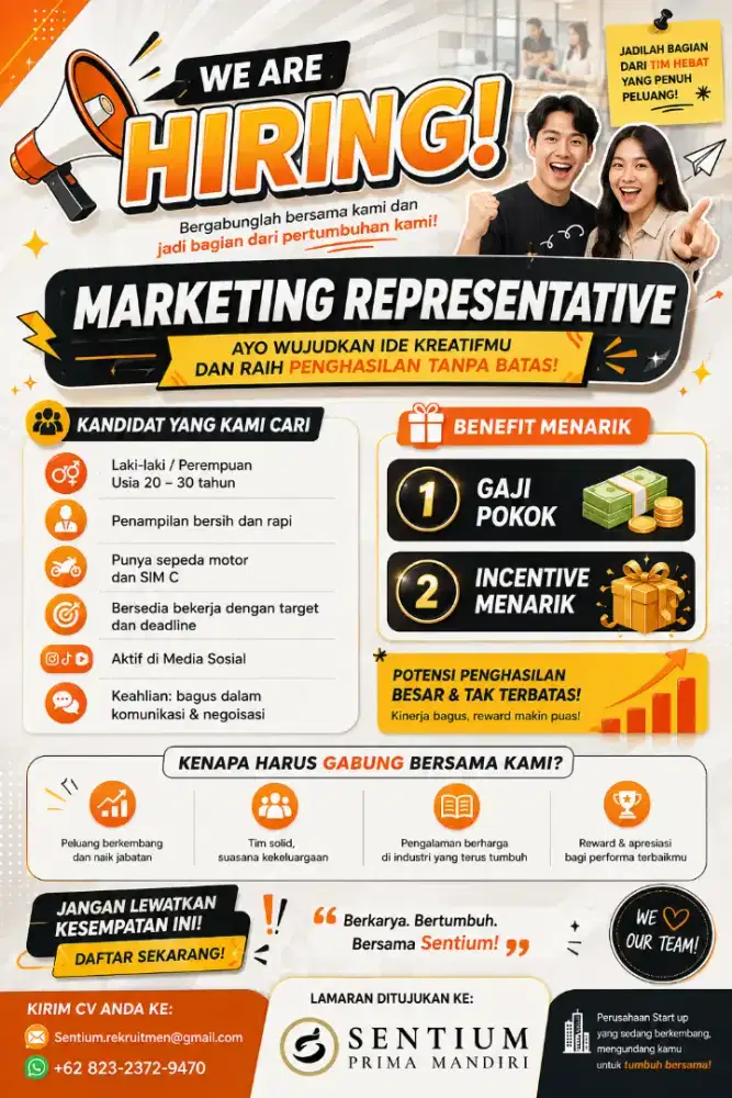 HIRING MARKETING REPRESENTATIVE | Gaji Pokok + Insentif Menarik |