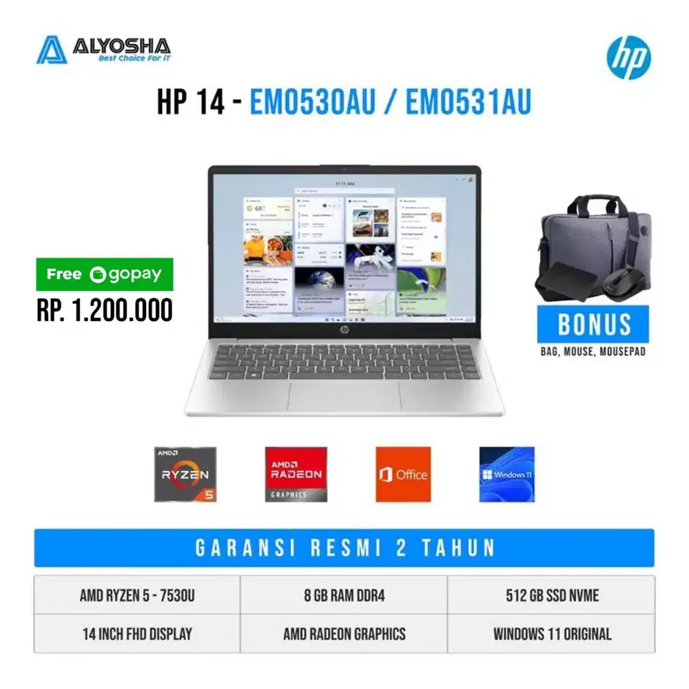 Laptop HP 14 EM0530AU EM0531AU AMD Ryzen 5 7530U 8GB 512GB SSD
