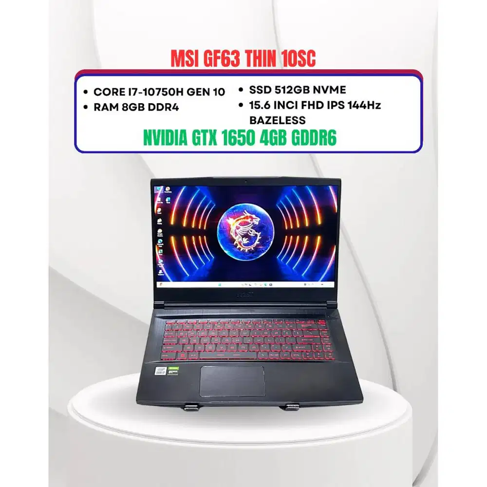 MSI GF63 THIN 10SC CORE I7-10750H NVIDIA GTX 1650 RAM 8GB SSD 512GB