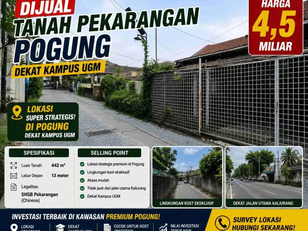 Dijual Tanah Pekarangan 442 m² Pogung Dekat UGM Cocok Kost Eksklusif & Investasi
