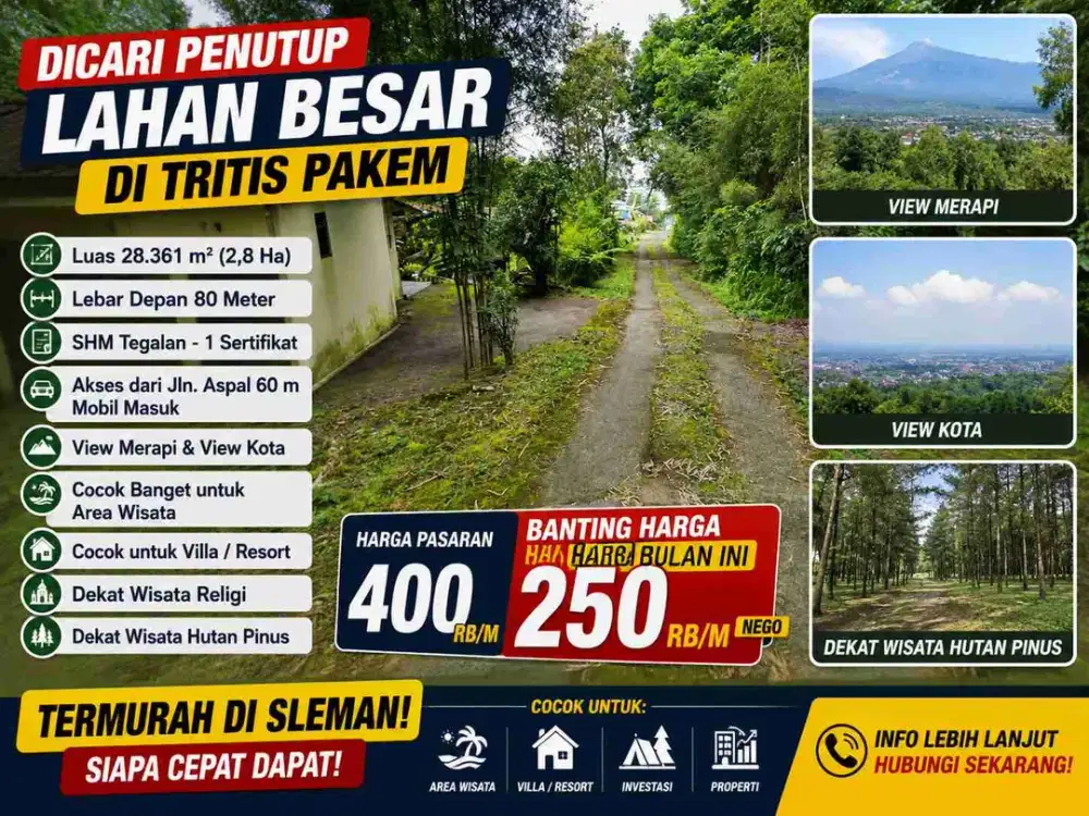 Dijual Tanah 2,8 Ha View Merapi Tritis Pakem Sleman Cocok Villa, Resort & Kawasan Wisata